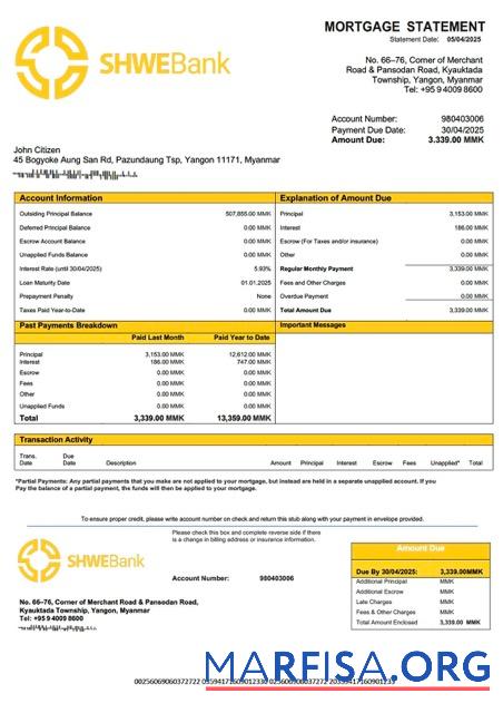 Realistic Myanmar Shwe Bank mortgage statement Word and PDF template